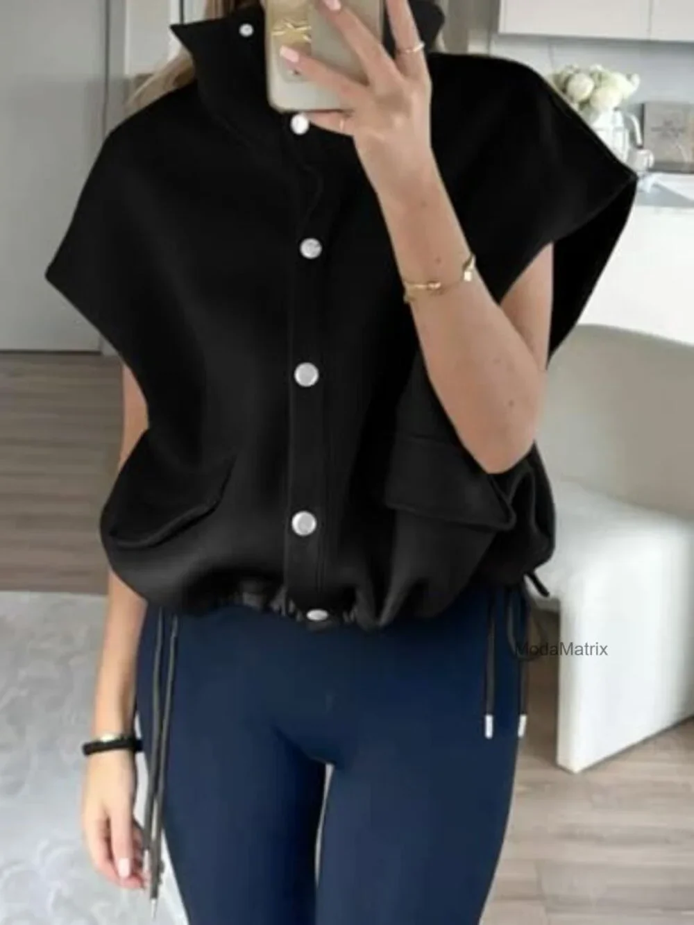 Oversized Vest Cropped Button Down Lapel Collar Casual Drawstring Outerwear_4